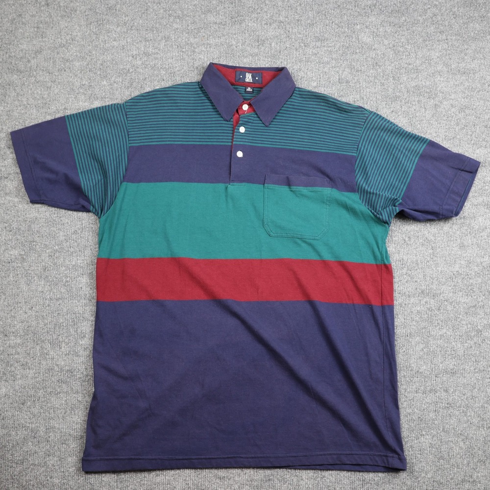 Oak Creek Polo Shirt Mens XL Navy Green Burgundy‎ Striped Chest Pocket Casual